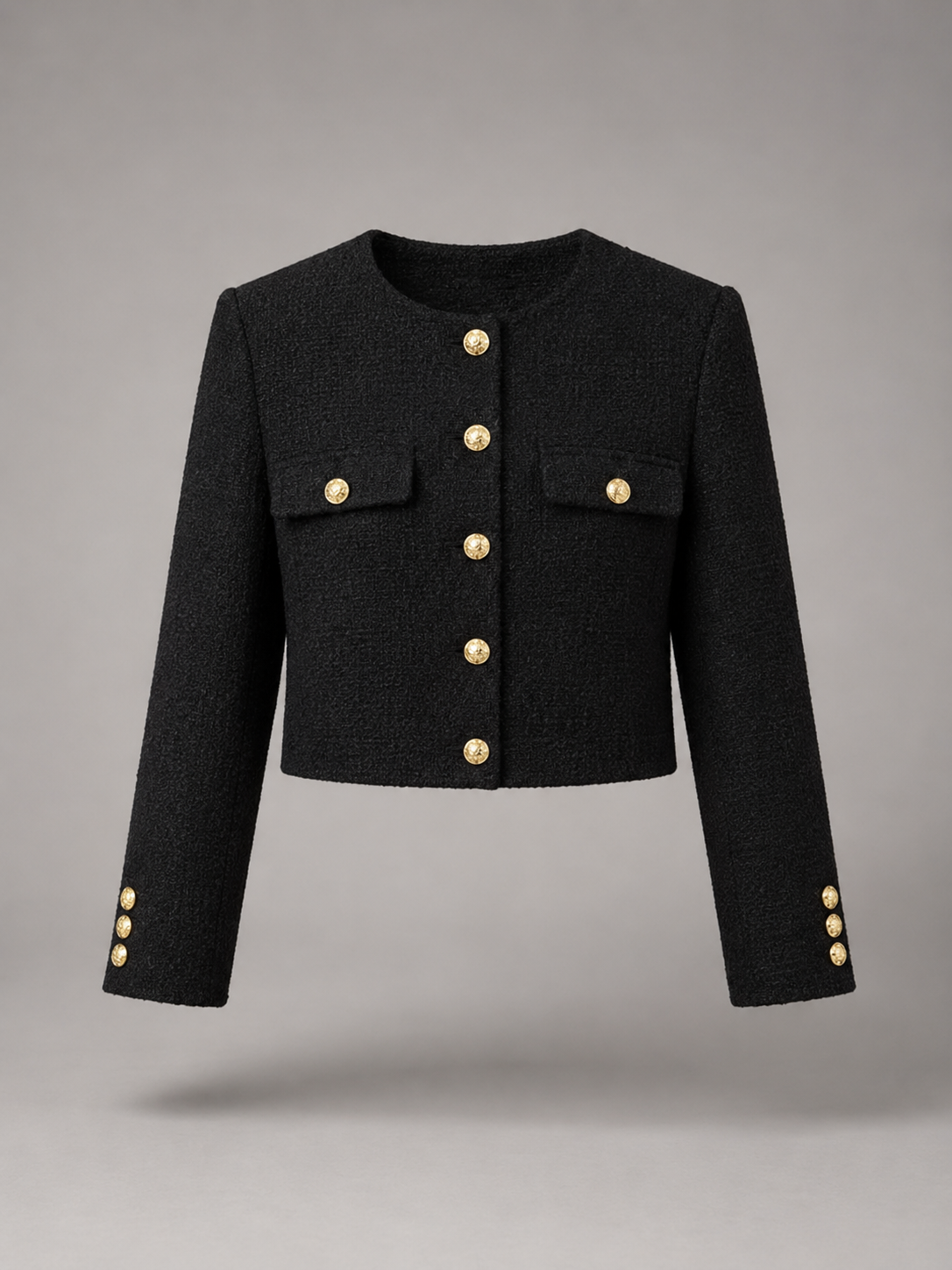 Women's bouclé tweed jacket with gold buttons, collarless and cropped