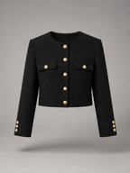 Women's bouclé tweed jacket with gold buttons, collarless and cropped