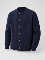 Men's cable knit button-front cardigan with bomber collar
