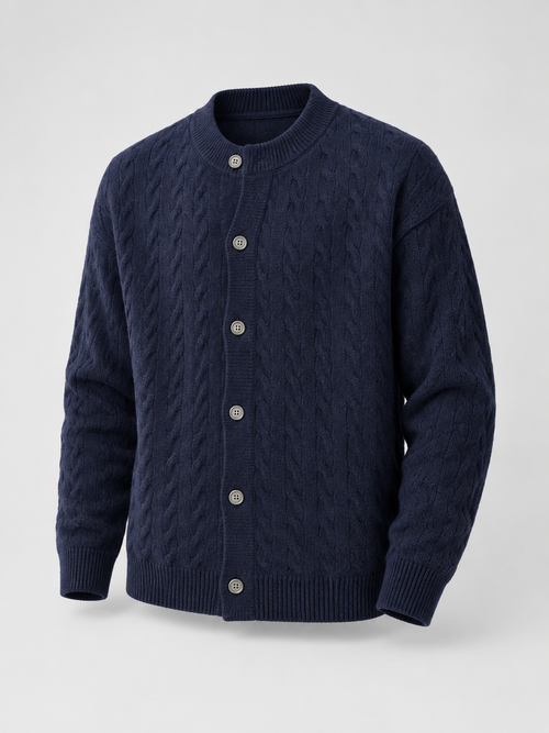 Men's cable knit button-front cardigan with bomber collar