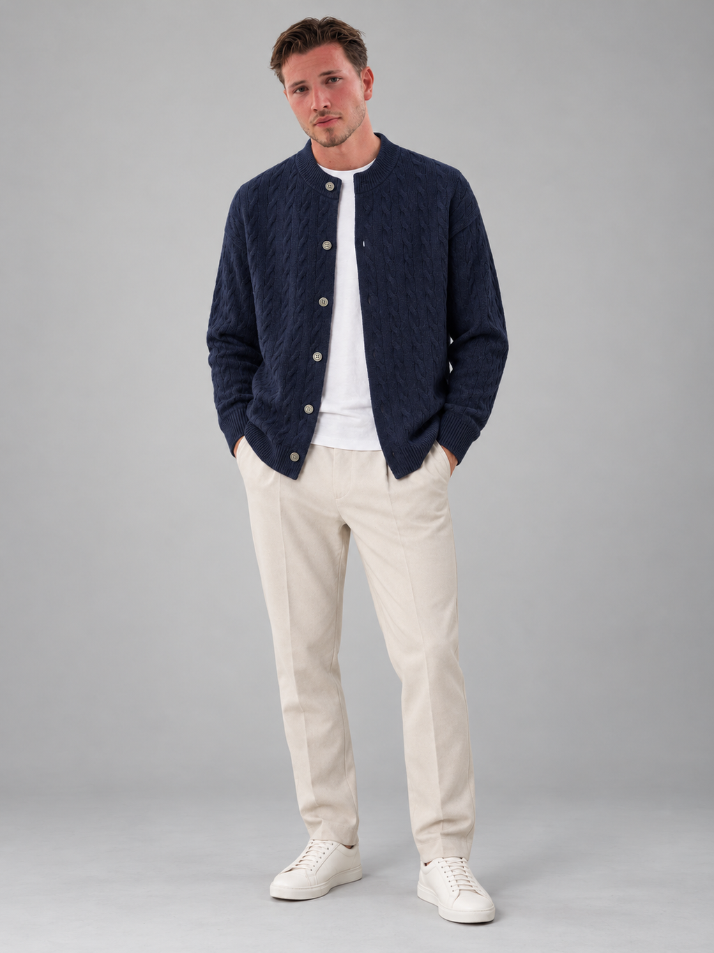 Men's cable knit button-front cardigan with bomber collar