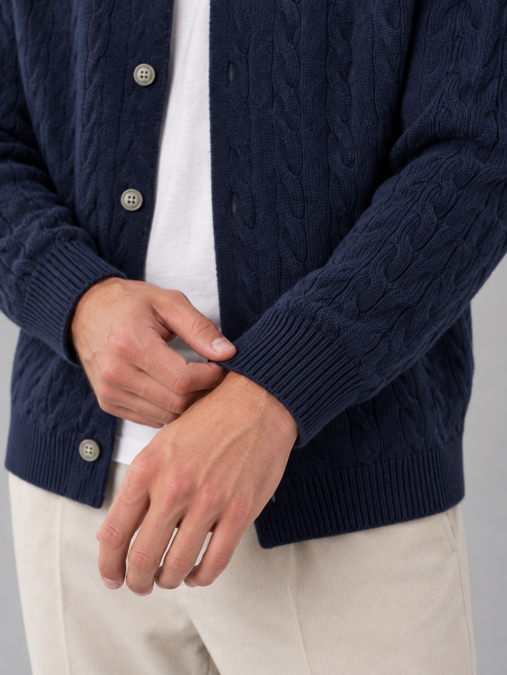 Men's cable knit button-front cardigan with bomber collar