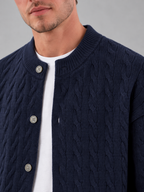 Men's cable knit button-front cardigan with bomber collar