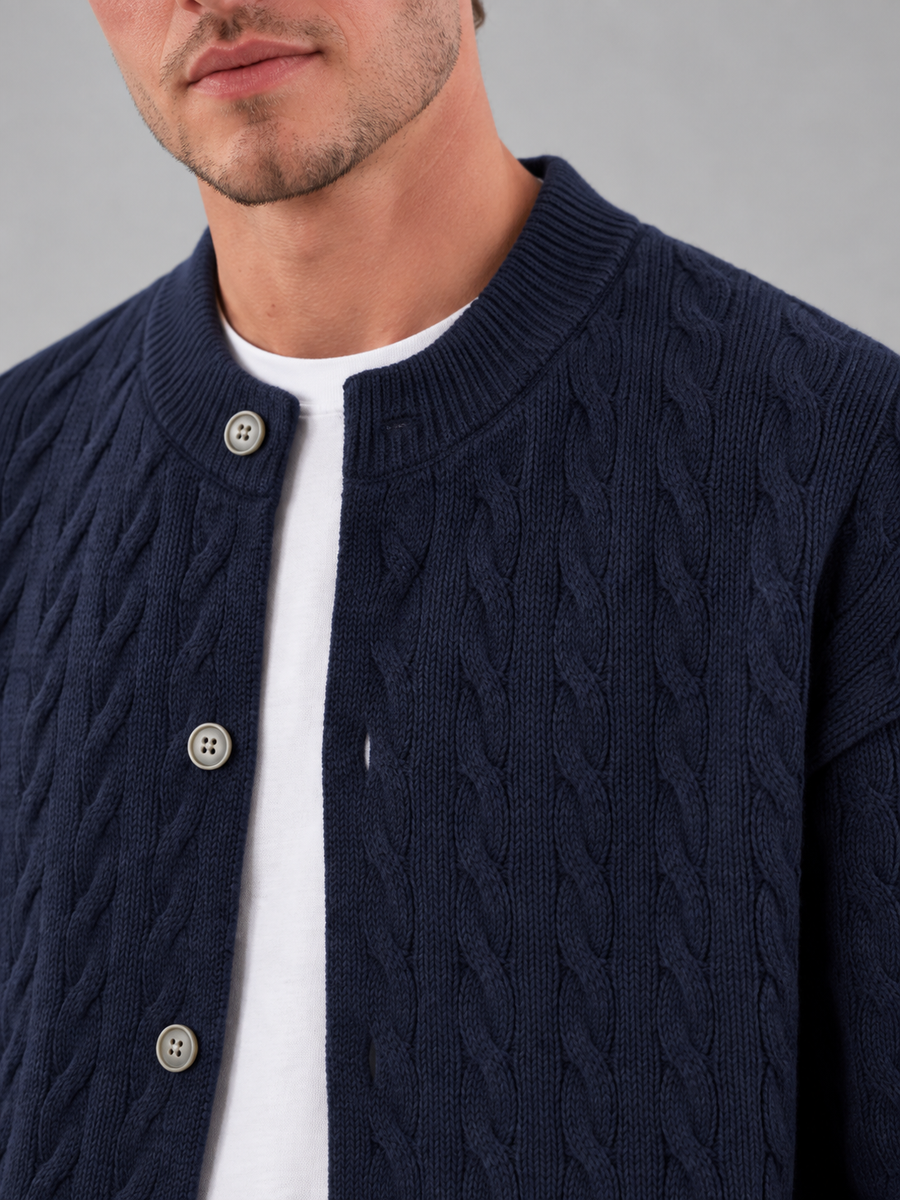 Men's cable knit button-front cardigan with bomber collar