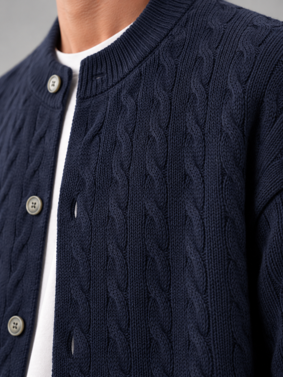 Men's cable knit button-front cardigan with bomber collar