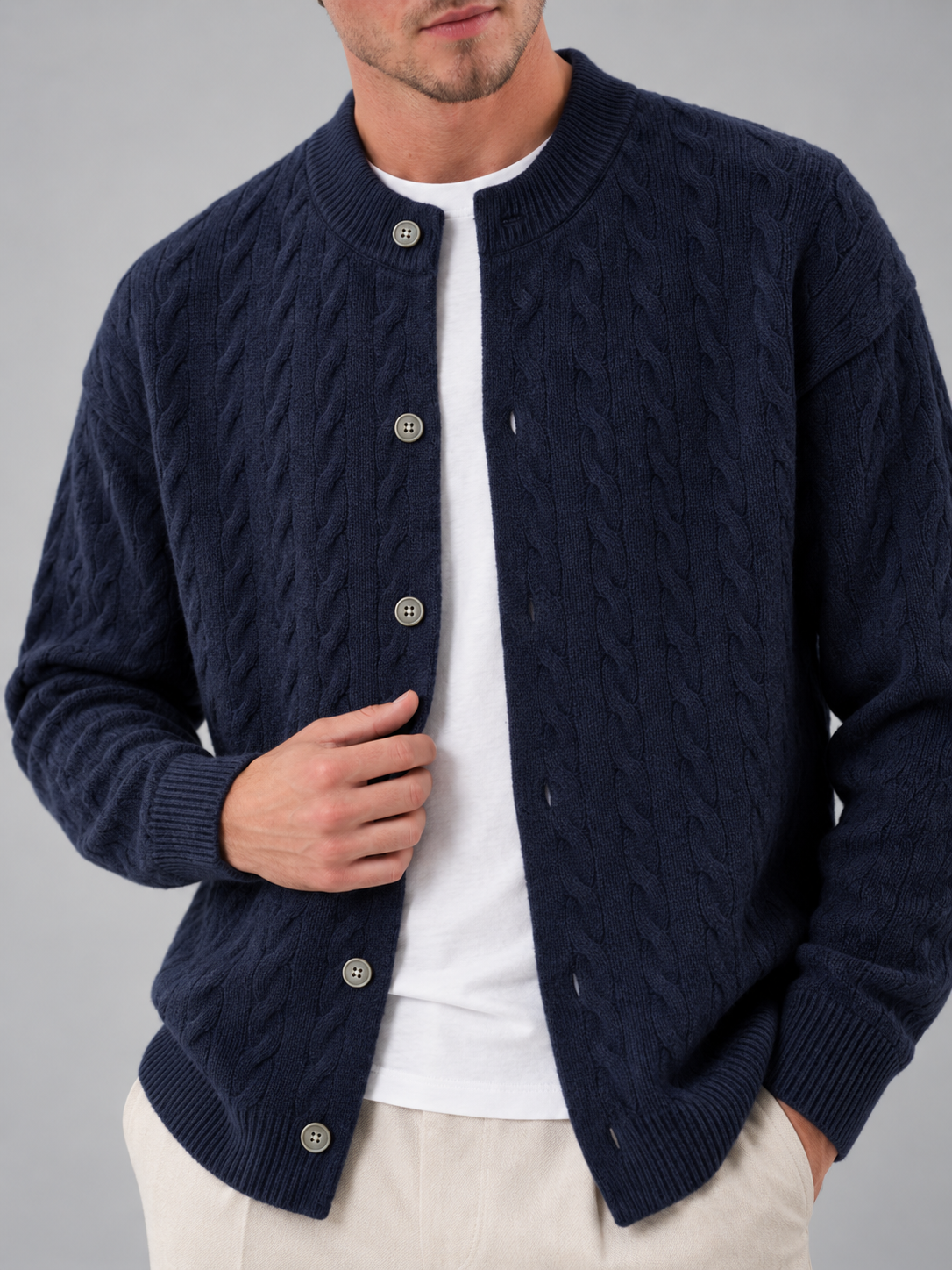 Men's cable knit button-front cardigan with bomber collar