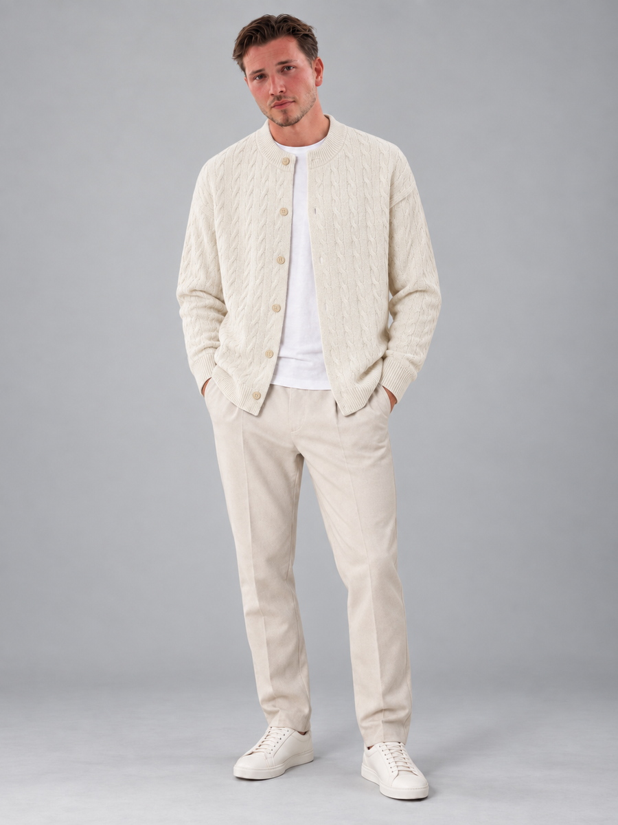 Men's cable knit button-front cardigan with bomber collar