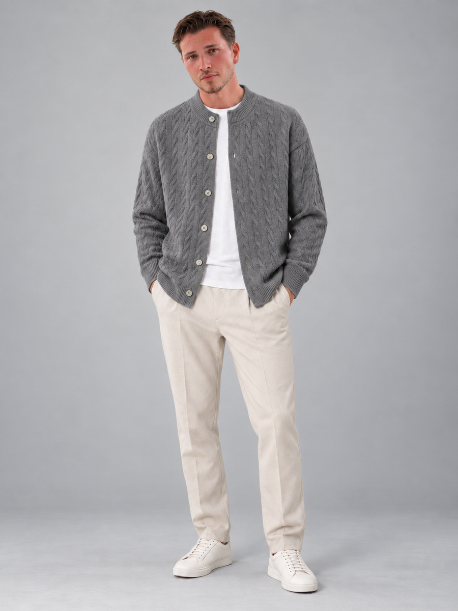 Men's cable knit button-front cardigan with bomber collar