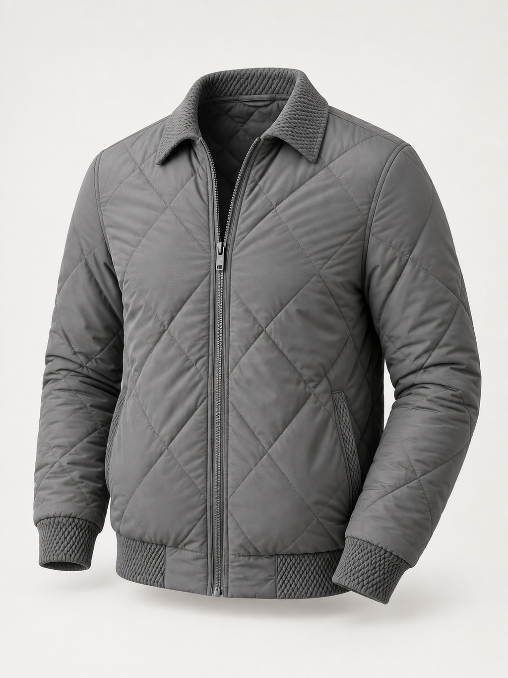 Men's diamond quilted bomber jacket with point collar