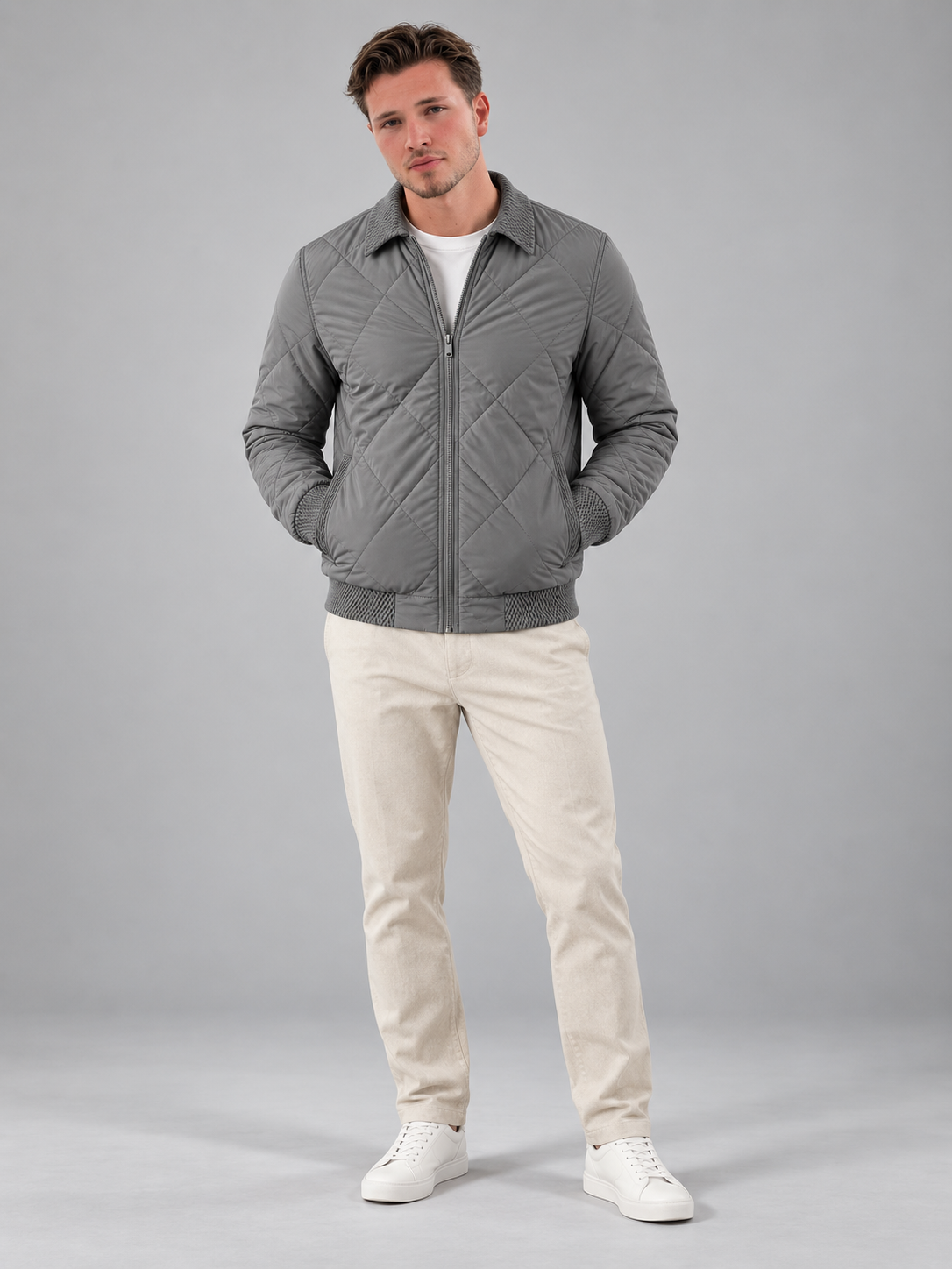 Men's diamond quilted bomber jacket with point collar