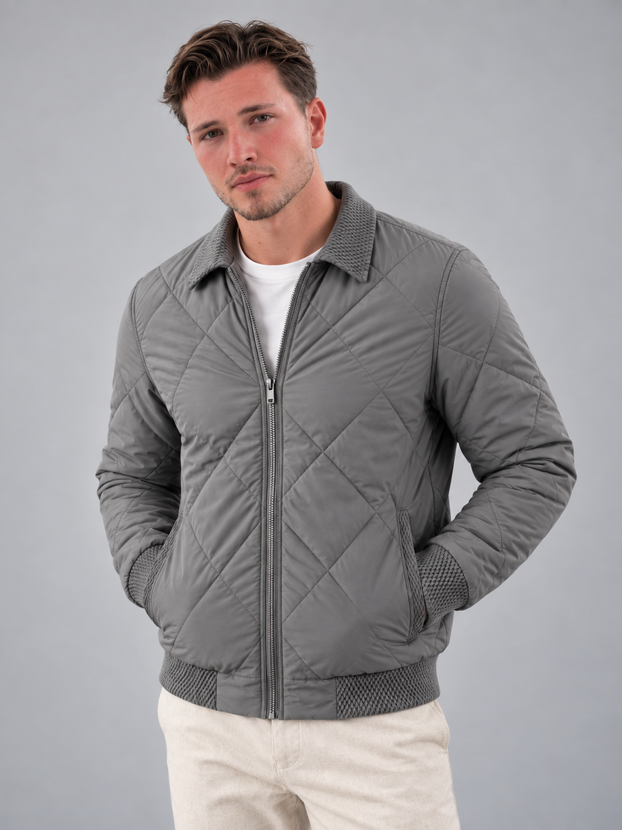 Men's diamond quilted bomber jacket with point collar