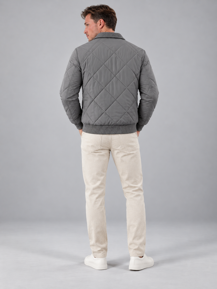 Men's diamond quilted bomber jacket with point collar
