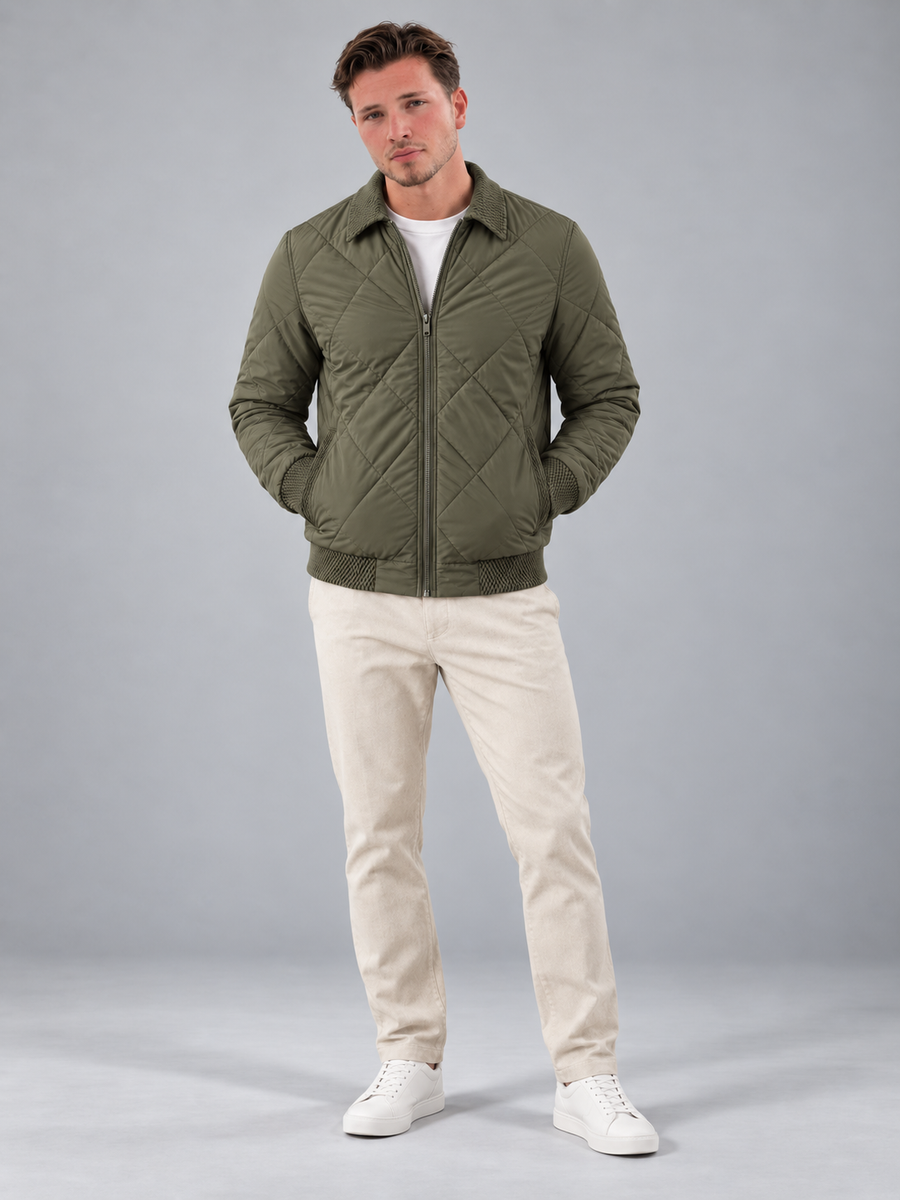Men's diamond quilted bomber jacket with point collar