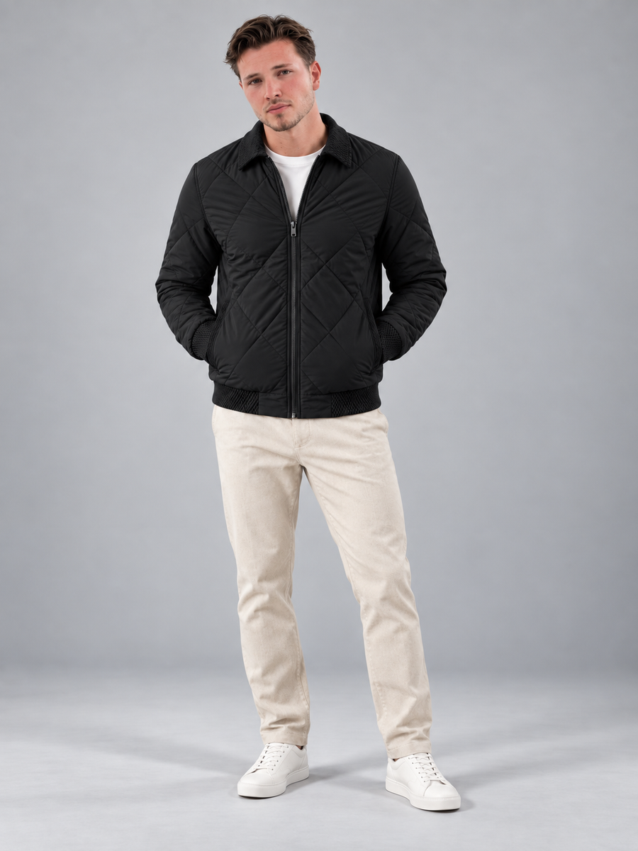 Men's diamond quilted bomber jacket with point collar