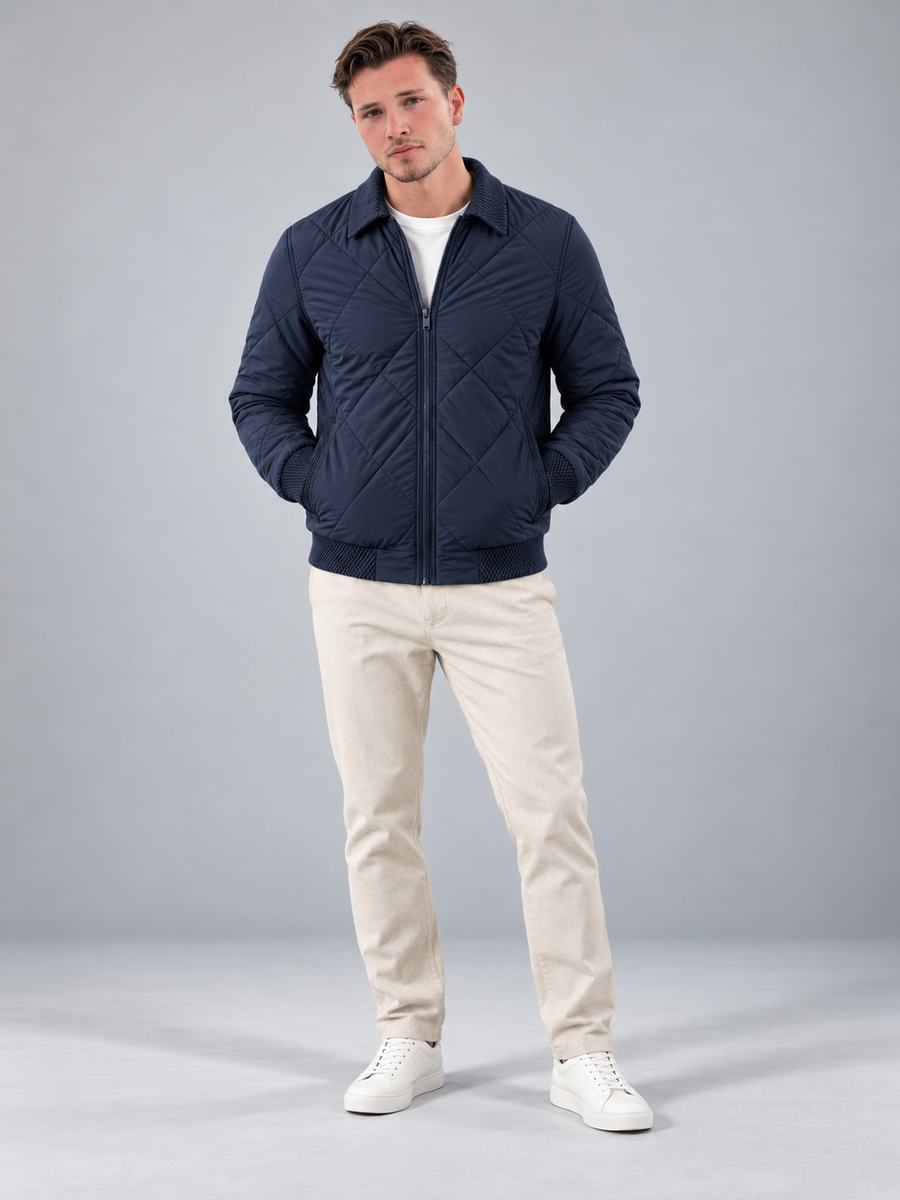 Men's diamond quilted bomber jacket with point collar