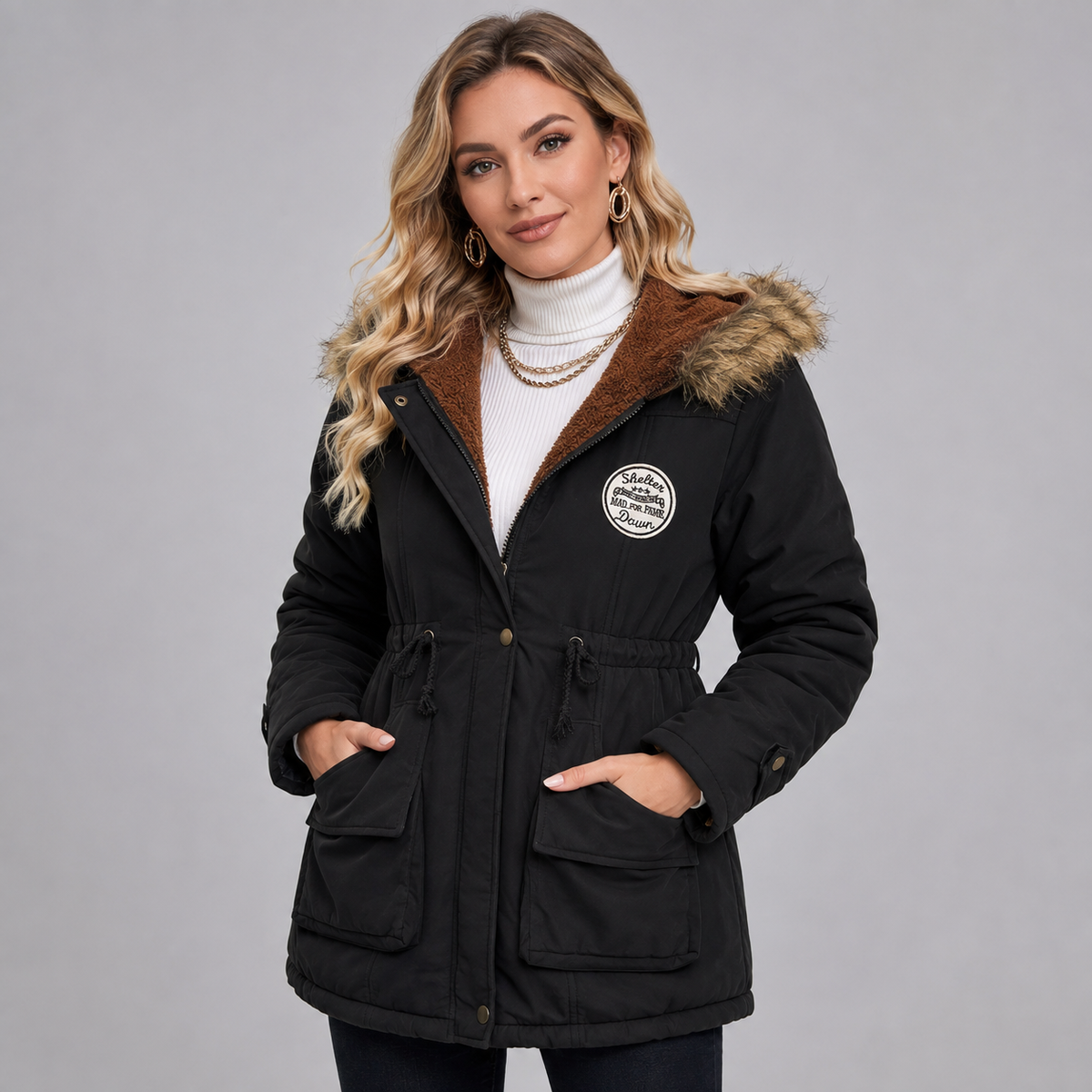 Women's hooded mid-length parka with drawstring waist