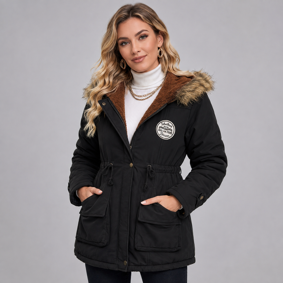 Women's hooded mid-length parka with drawstring waist