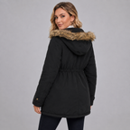 Women's hooded mid-length parka with drawstring waist