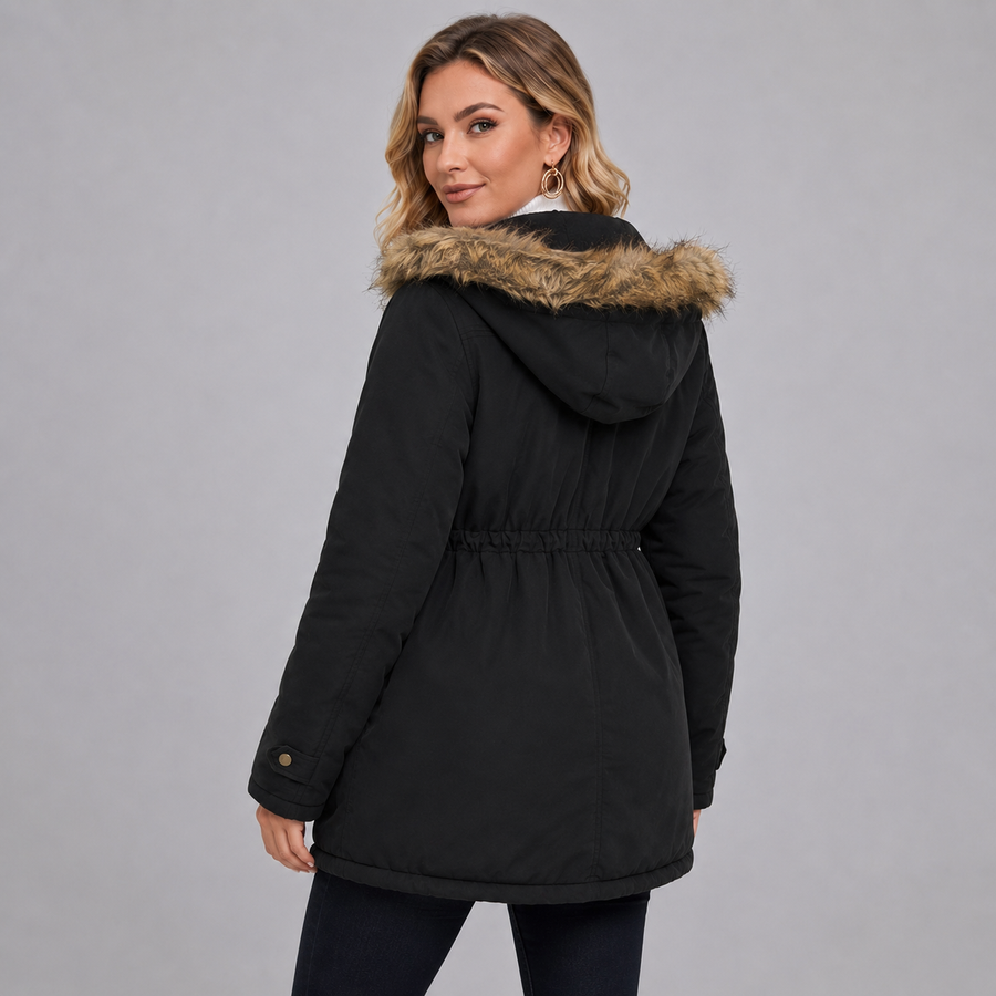 Women's hooded mid-length parka with drawstring waist