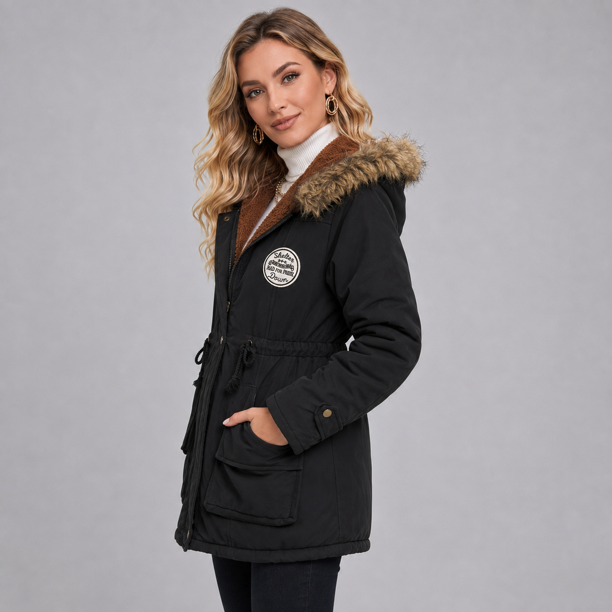 Women's hooded mid-length parka with drawstring waist