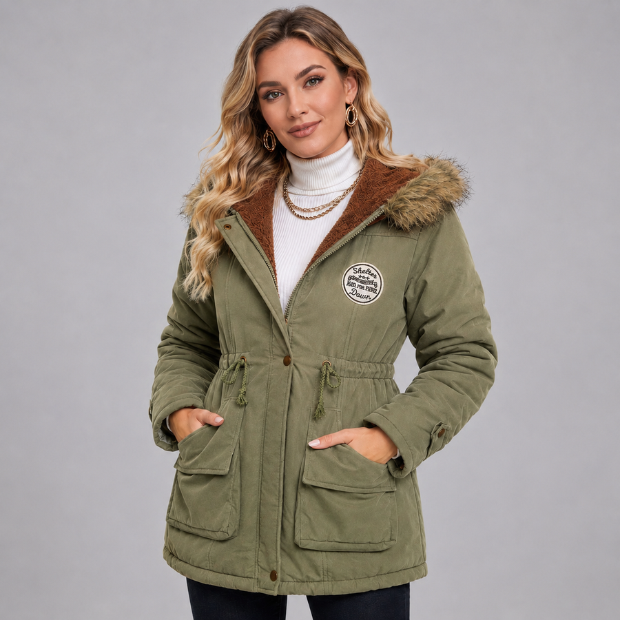 Women's hooded mid-length parka with drawstring waist