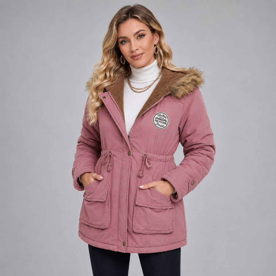 Women's hooded mid-length parka with drawstring waist