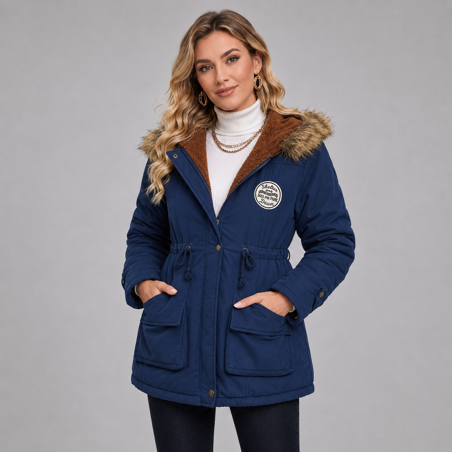Women's hooded mid-length parka with drawstring waist