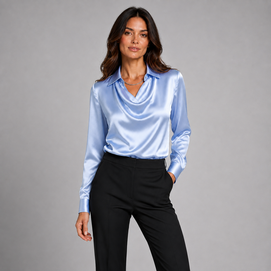 Women's draped neck satin blouse