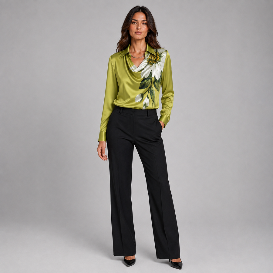 Women's draped neck satin blouse
