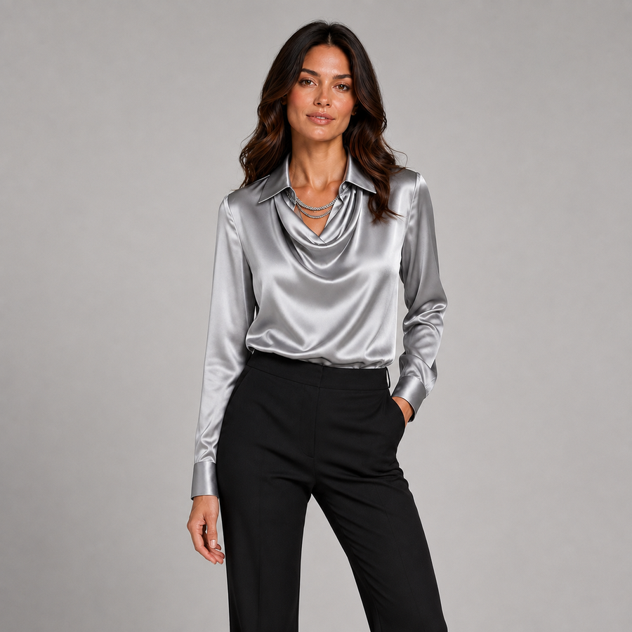 Women's draped neck satin blouse