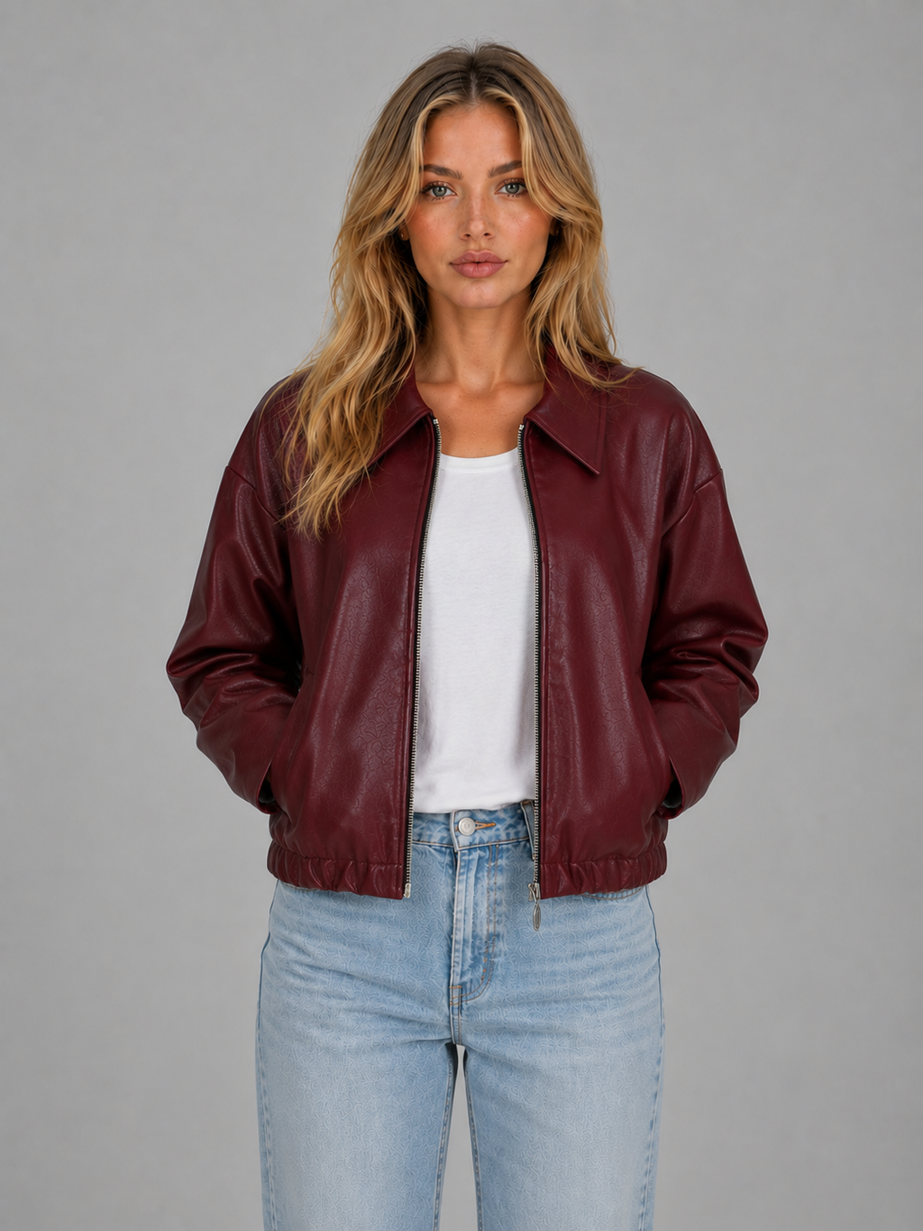 Women's leather-look cropped zip-up jacket