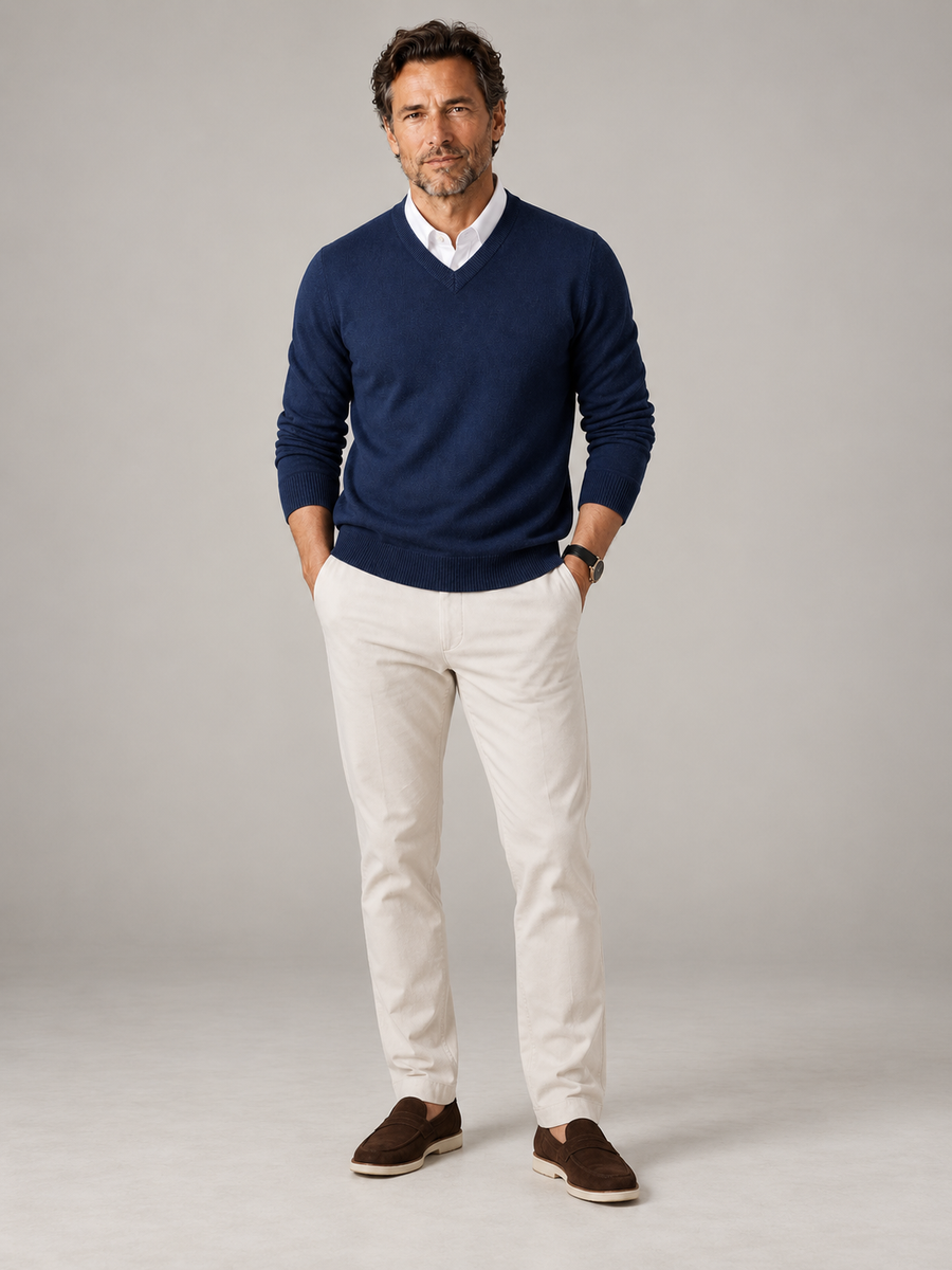 Men's fine gauge knit V-neck jumper