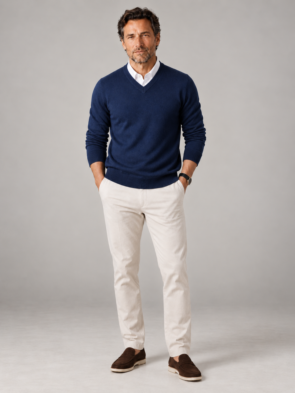 Men's fine gauge knit V-neck jumper