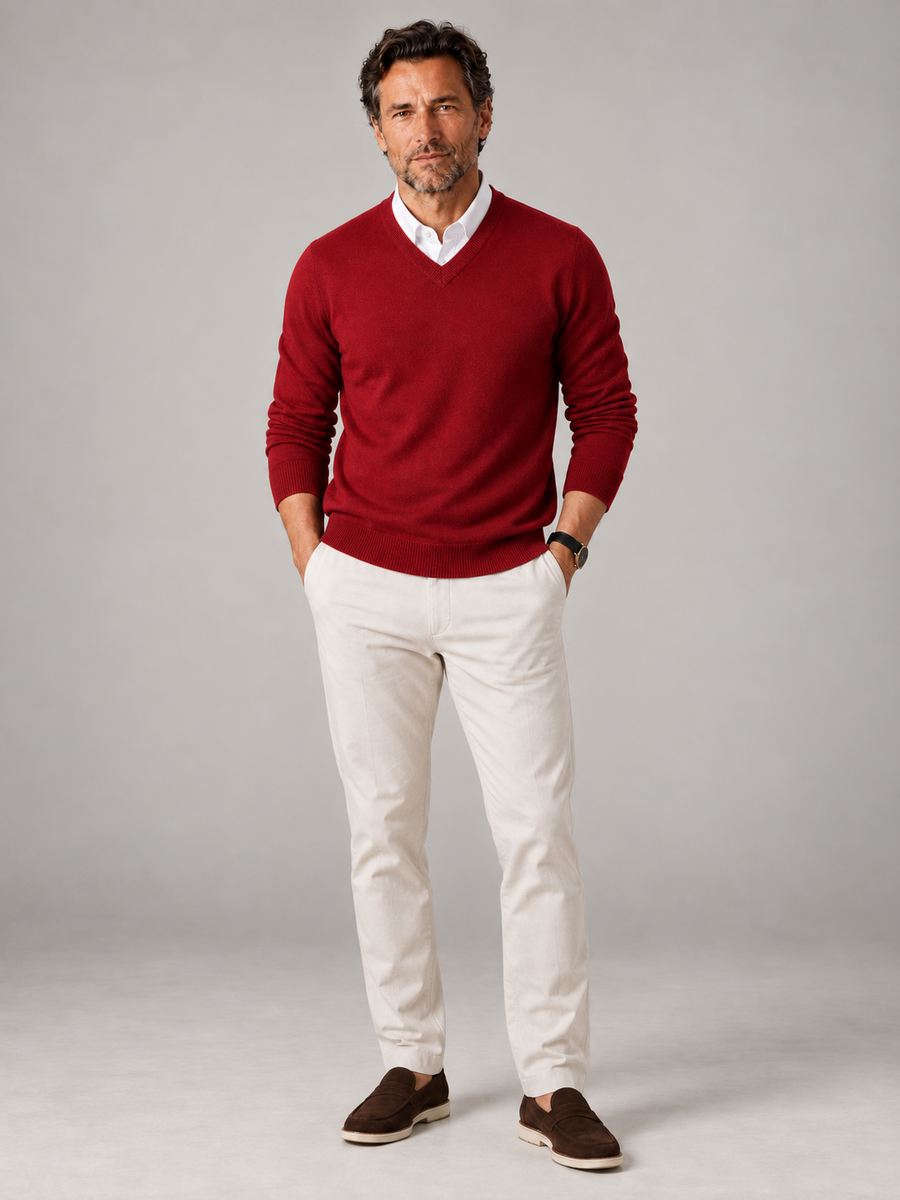 Men's fine gauge knit V-neck jumper