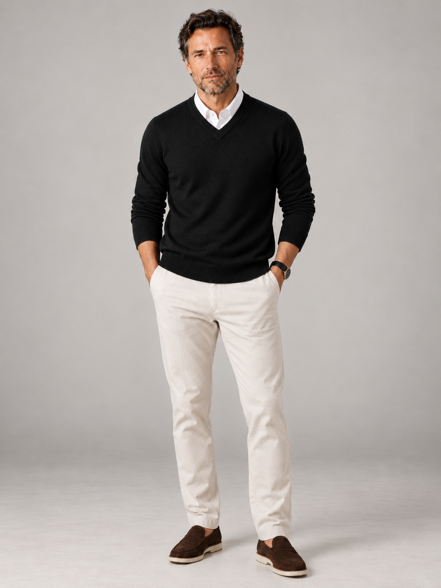 Men's fine gauge knit V-neck jumper