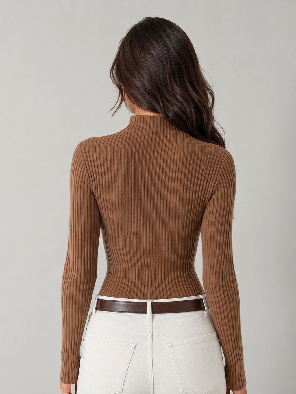 Women's long-sleeve ribbed knit top with a mock neck