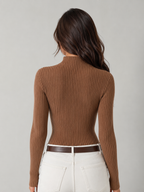 Women's long-sleeve ribbed knit top with a mock neck