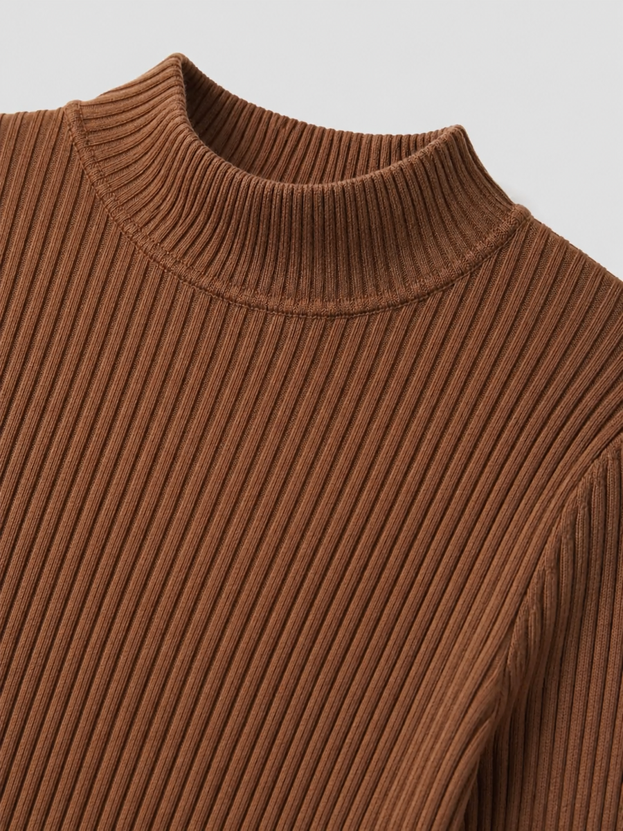 Women's long-sleeve ribbed knit top with a mock neck
