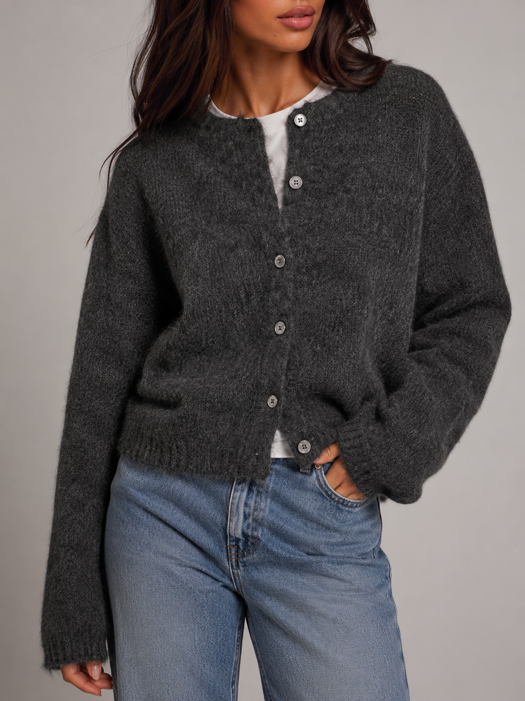 Women's button-up cardigan in a plush brushed knit