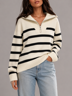 Women's striped knit jumper with a high neck and half zip