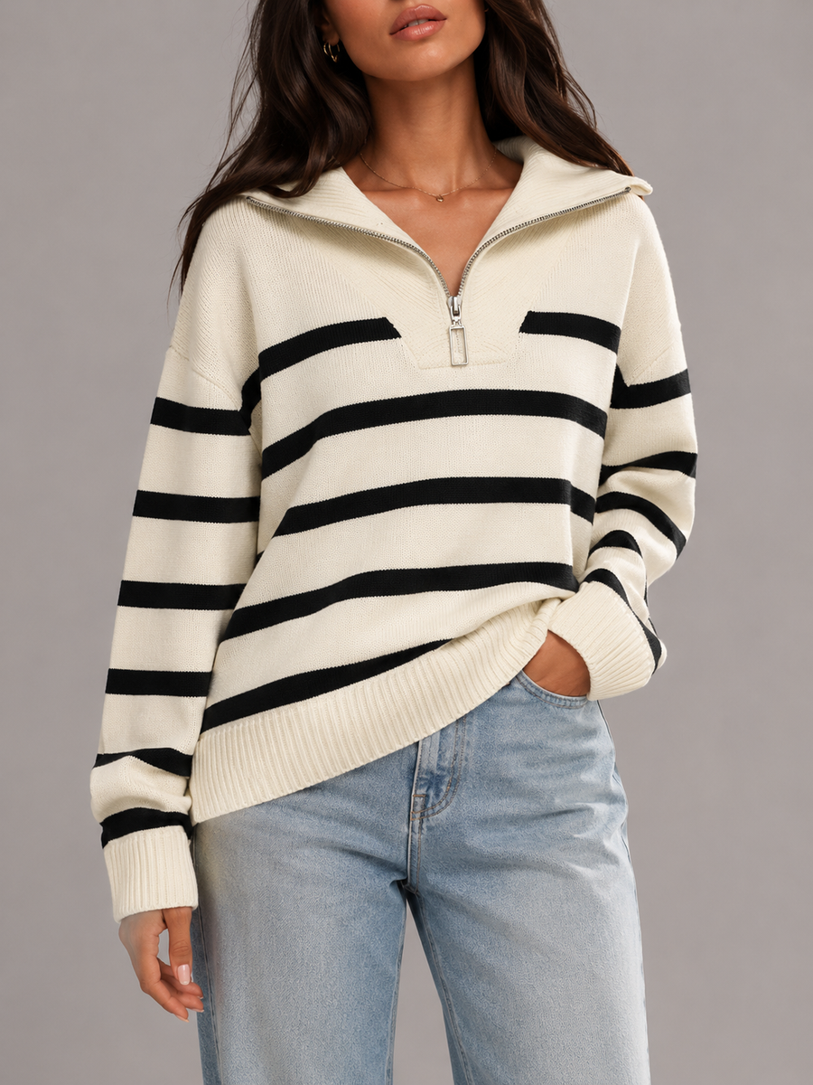 Women's striped knit jumper with a high neck and half zip