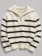 Women's striped knit jumper with a high neck and half zip