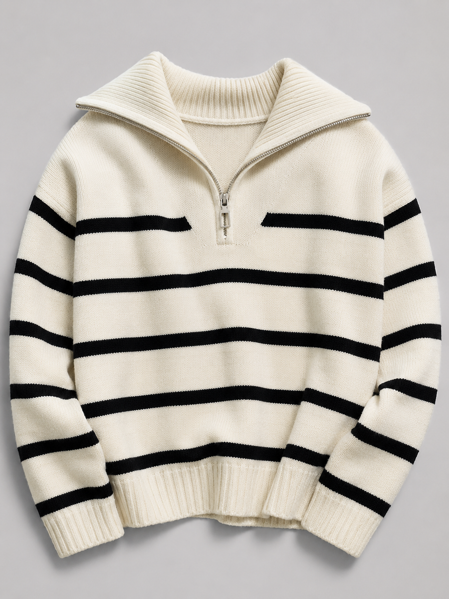 Women's striped knit jumper with a high neck and half zip
