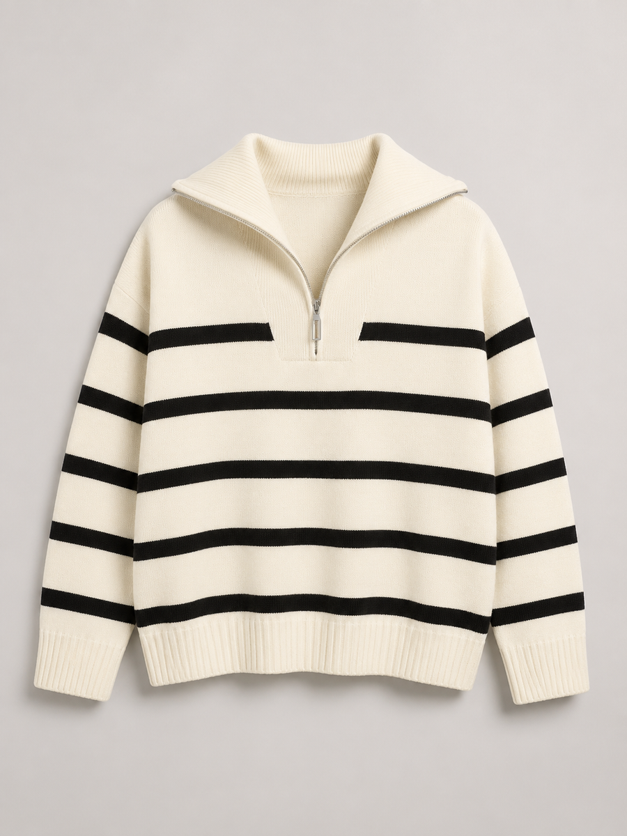 Women's striped knit jumper with a high neck and half zip