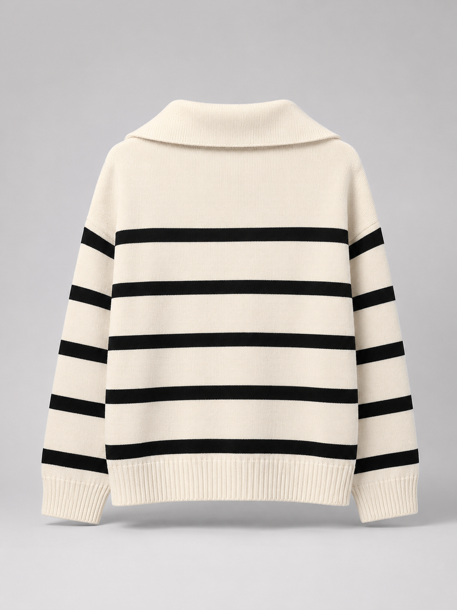 Women's striped knit jumper with a high neck and half zip