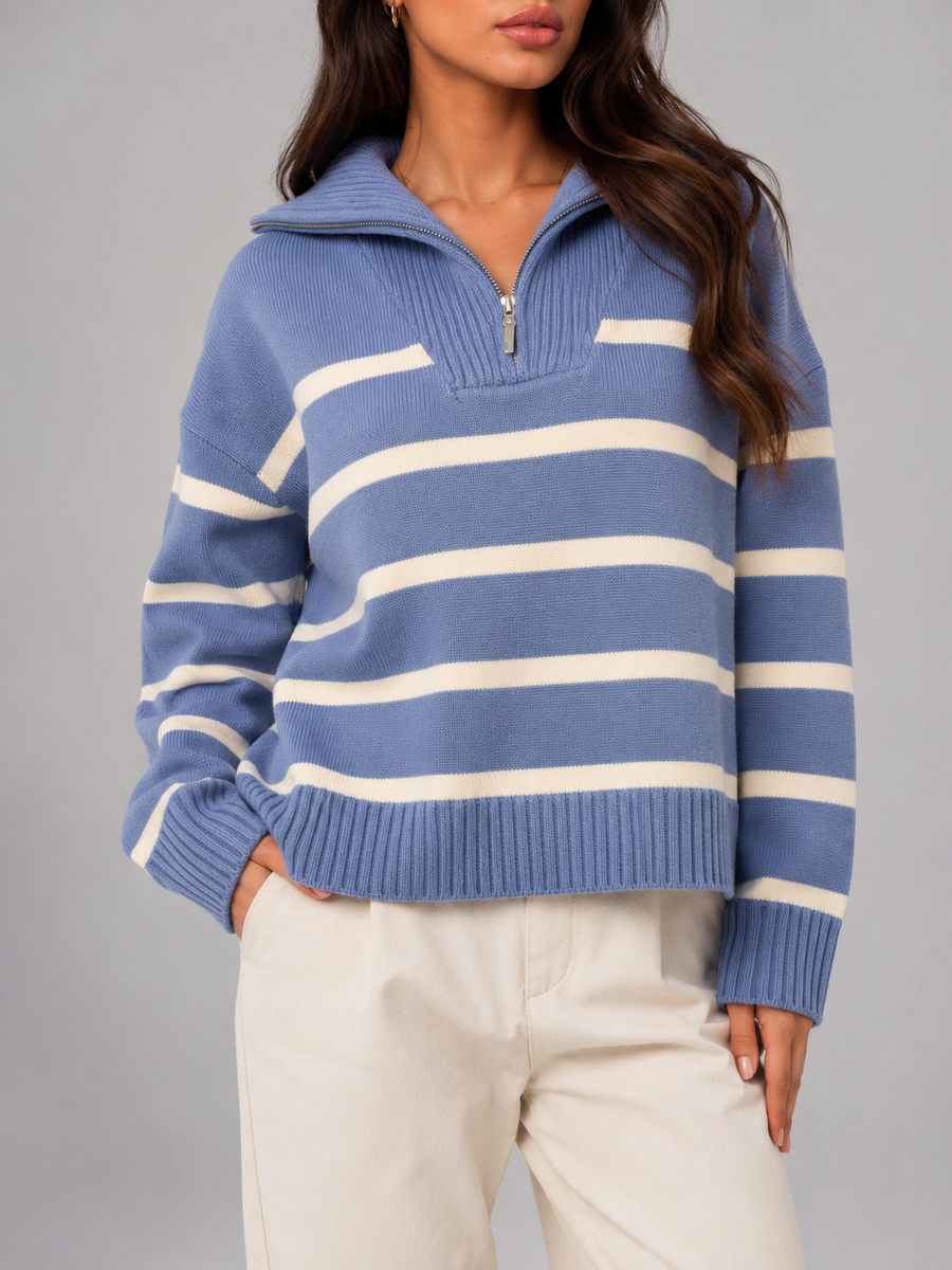 Women's striped knit jumper with a high neck and half zip