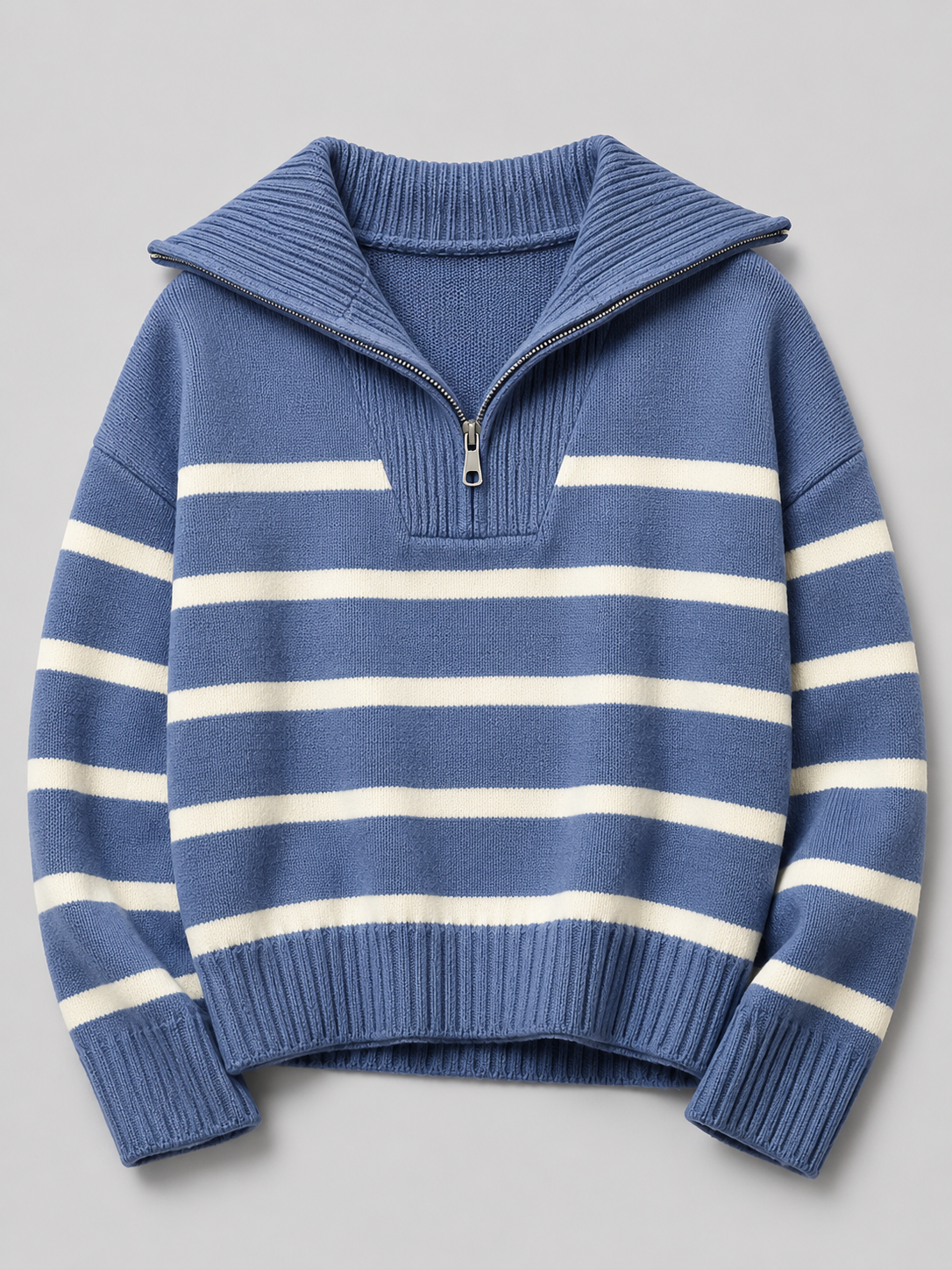 Women's striped knit jumper with a high neck and half zip