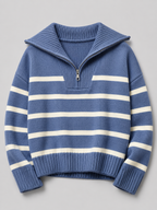 Women's striped knit jumper with a high neck and half zip