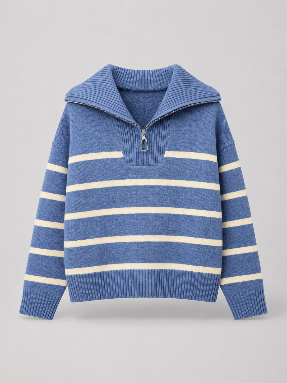 Women's striped knit jumper with a high neck and half zip
