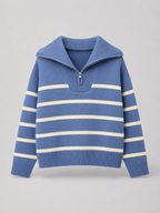 Women's striped knit jumper with a high neck and half zip
